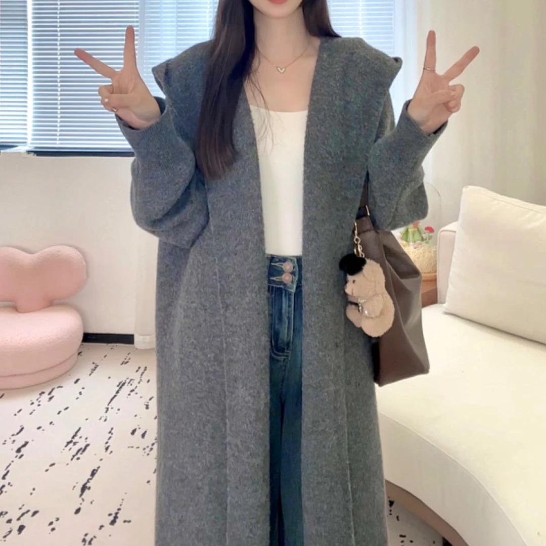 XM2024秋冬新款连帽毛衣开衫女长款大码慵懒风纯色针织大衣668