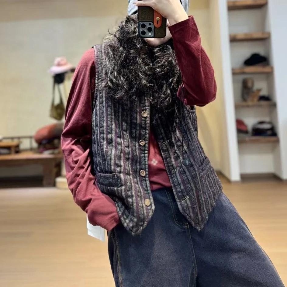忆古朴拙240707羊毛色织提花条纹休闲蓝紫条加棉马甲背心