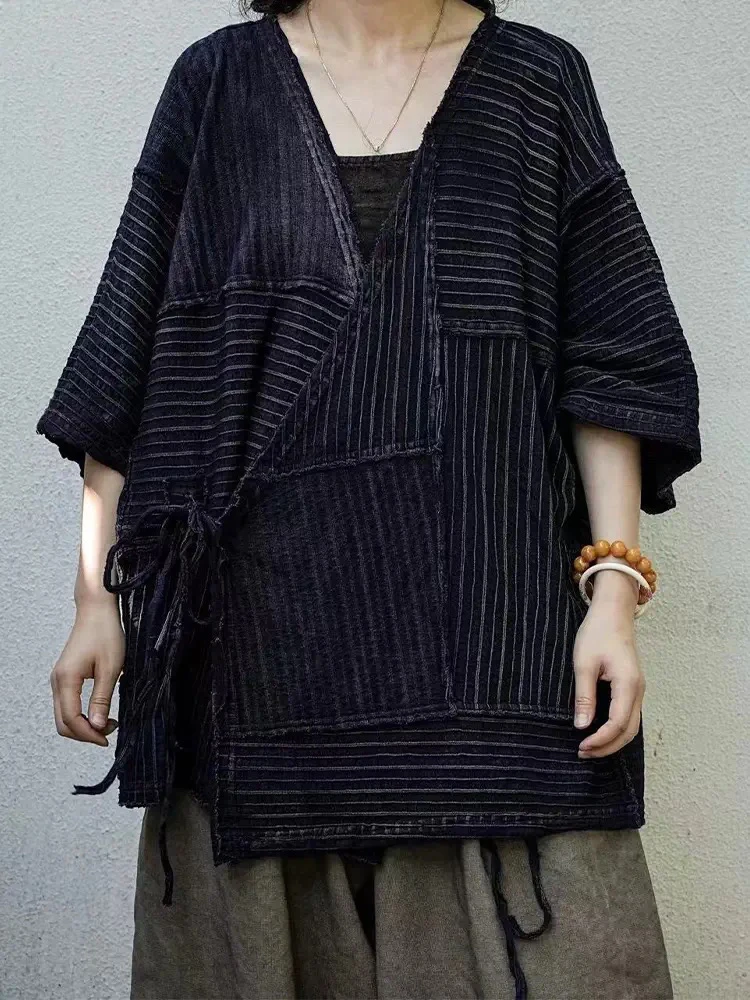 疯子张24秋款复古文艺条纹宽松系带休闲百搭衬衫外套#08295