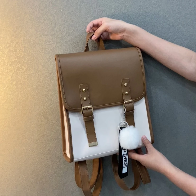 2022新款复古撞色软皮双肩包女百搭休闲多用背包校园背包学生书包