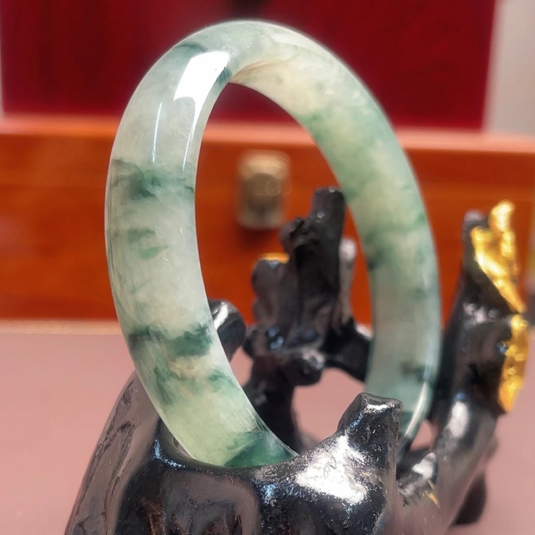 缅甸天然A货翡翠冰种飘蓝花手镯正圈55圈冰透色浓