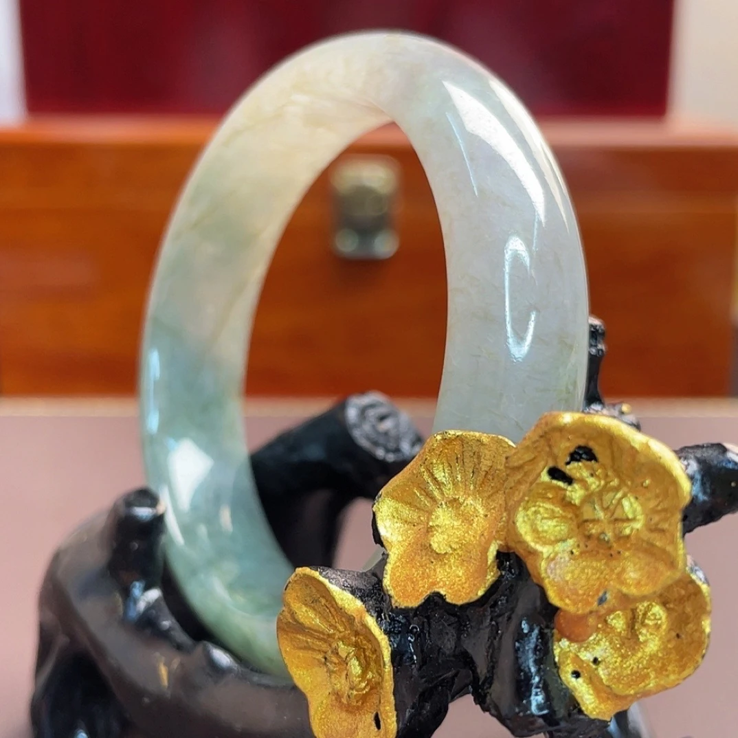 缅甸天然A货翡翠老坑冰种蓝底半山半水种老冰透宽版55圈手镯