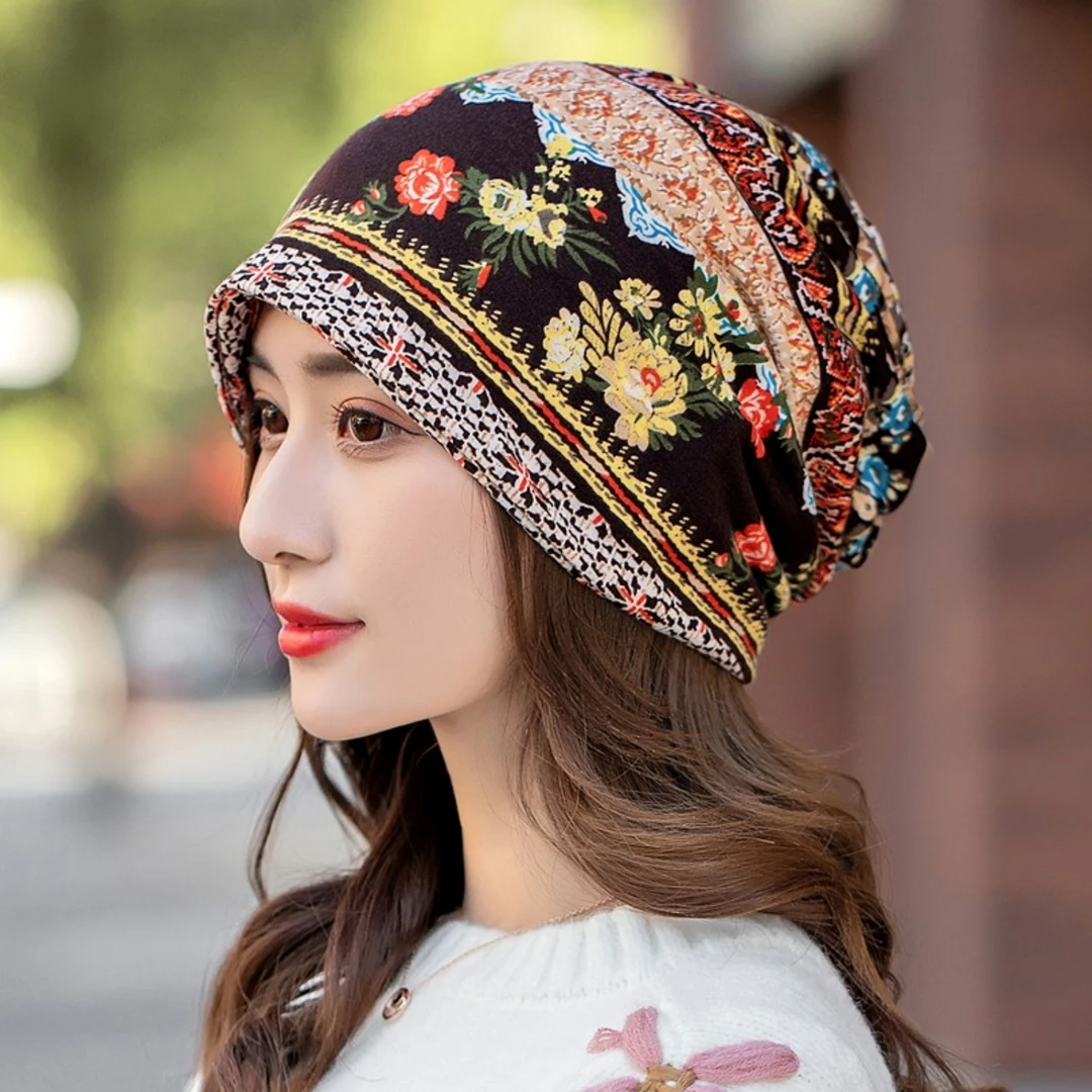 套头帽春秋薄棉质帽光头帽睡帽腰果花包头帽孕妇帽堆堆帽两用围脖