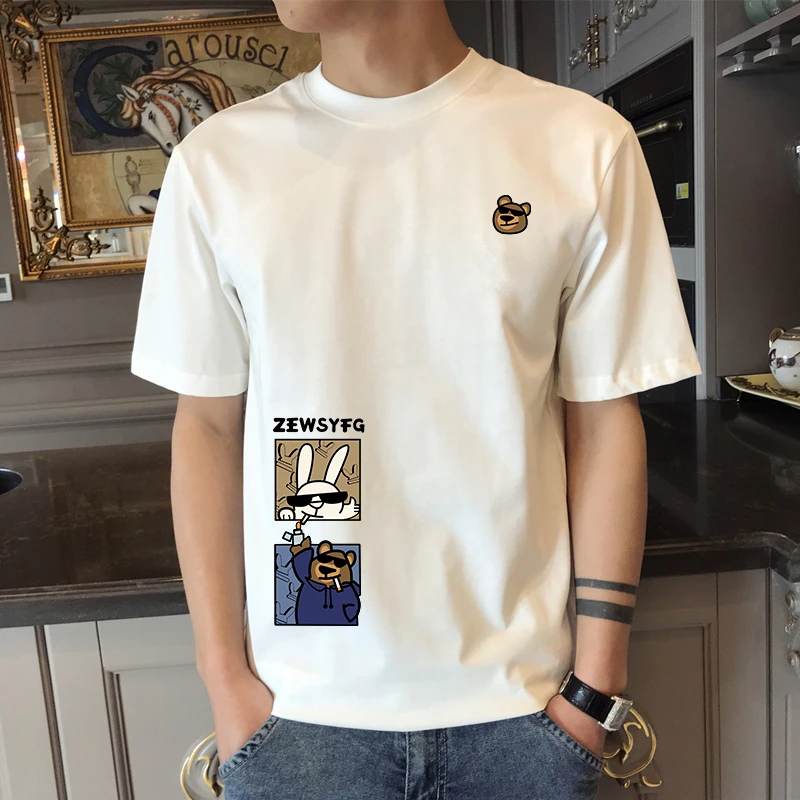 夏季2025新款爆款潮牌男装纯棉百搭短袖t恤男女同款小熊印花半袖