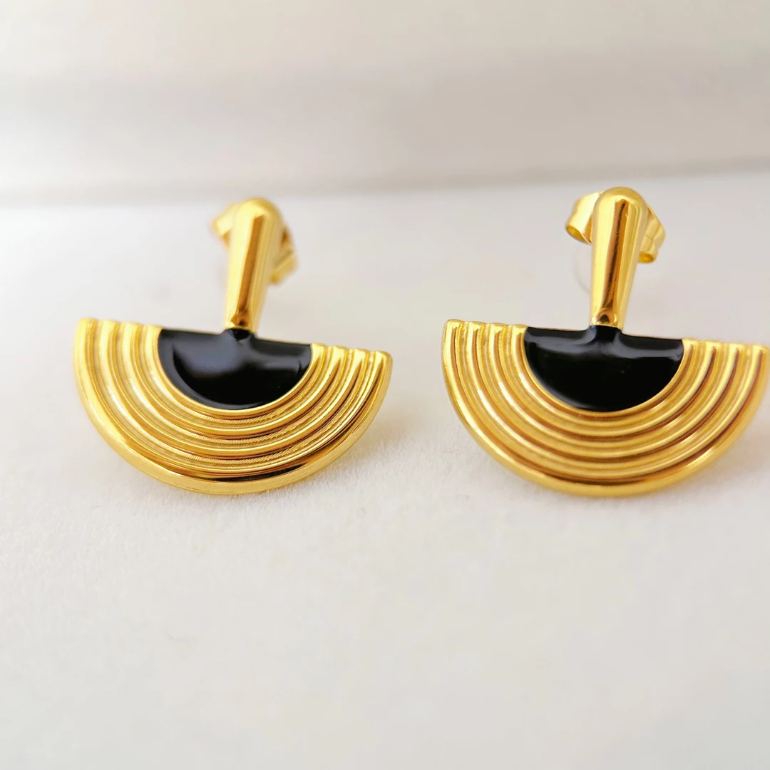 钛钢耳饰 法式复古风格扇形黑金撞色耳环U9991