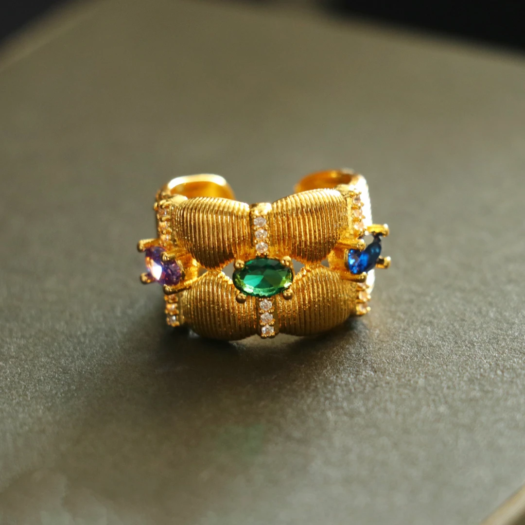 铜合金戒指 意大利风情拉丝条纹开口戒指中古风浪漫女戒