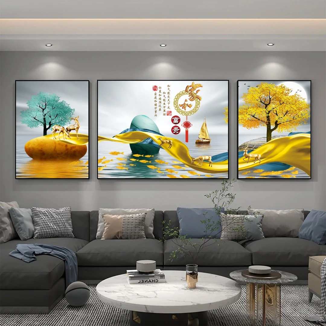 招财麋鹿客厅三联画抽象高级感晶瓷沙发背景墙挂画晶瓷镶钻装饰画