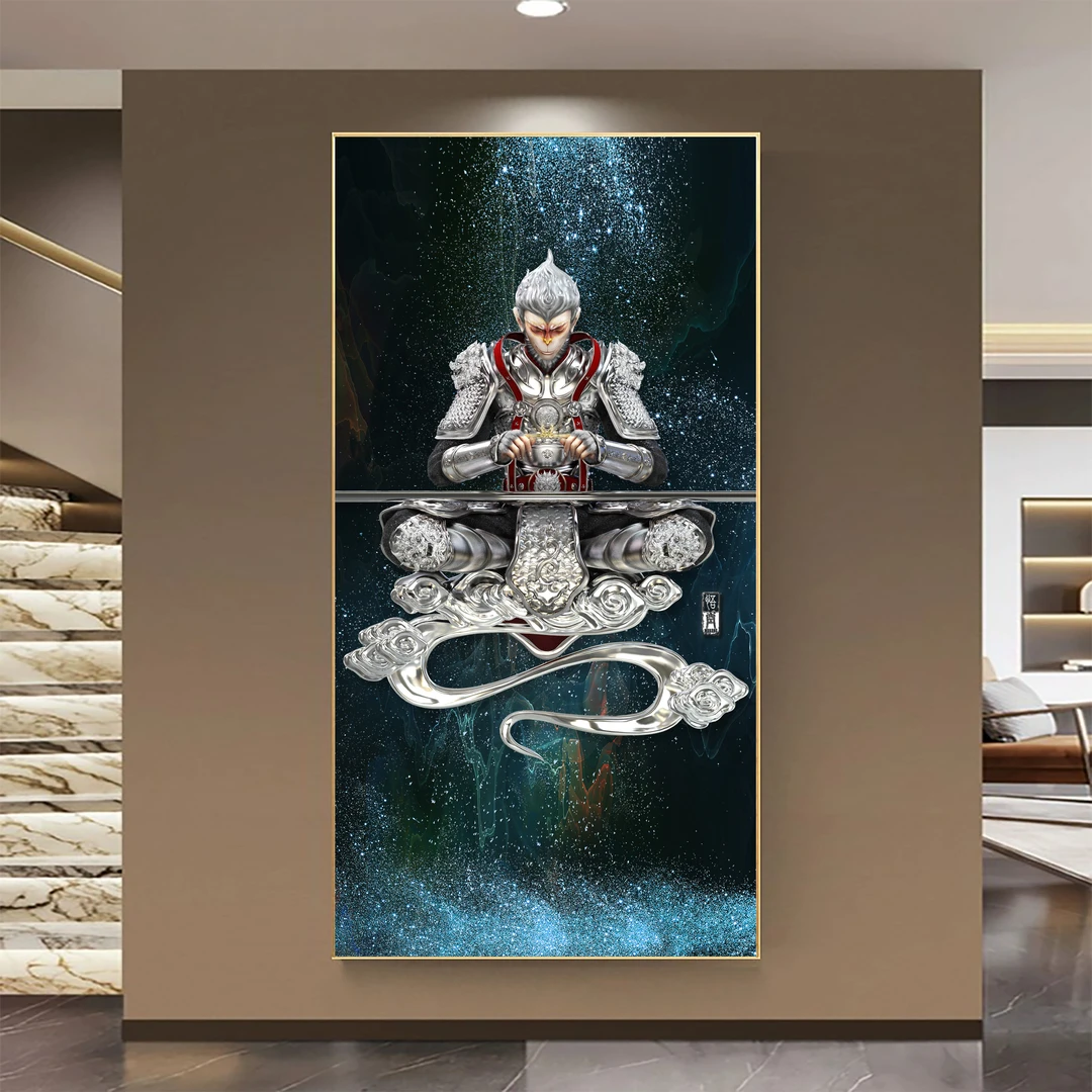 齐天大圣入户玄关装饰画孙悟空走廊过道晶瓷挂画卡通带灯竖版壁画
