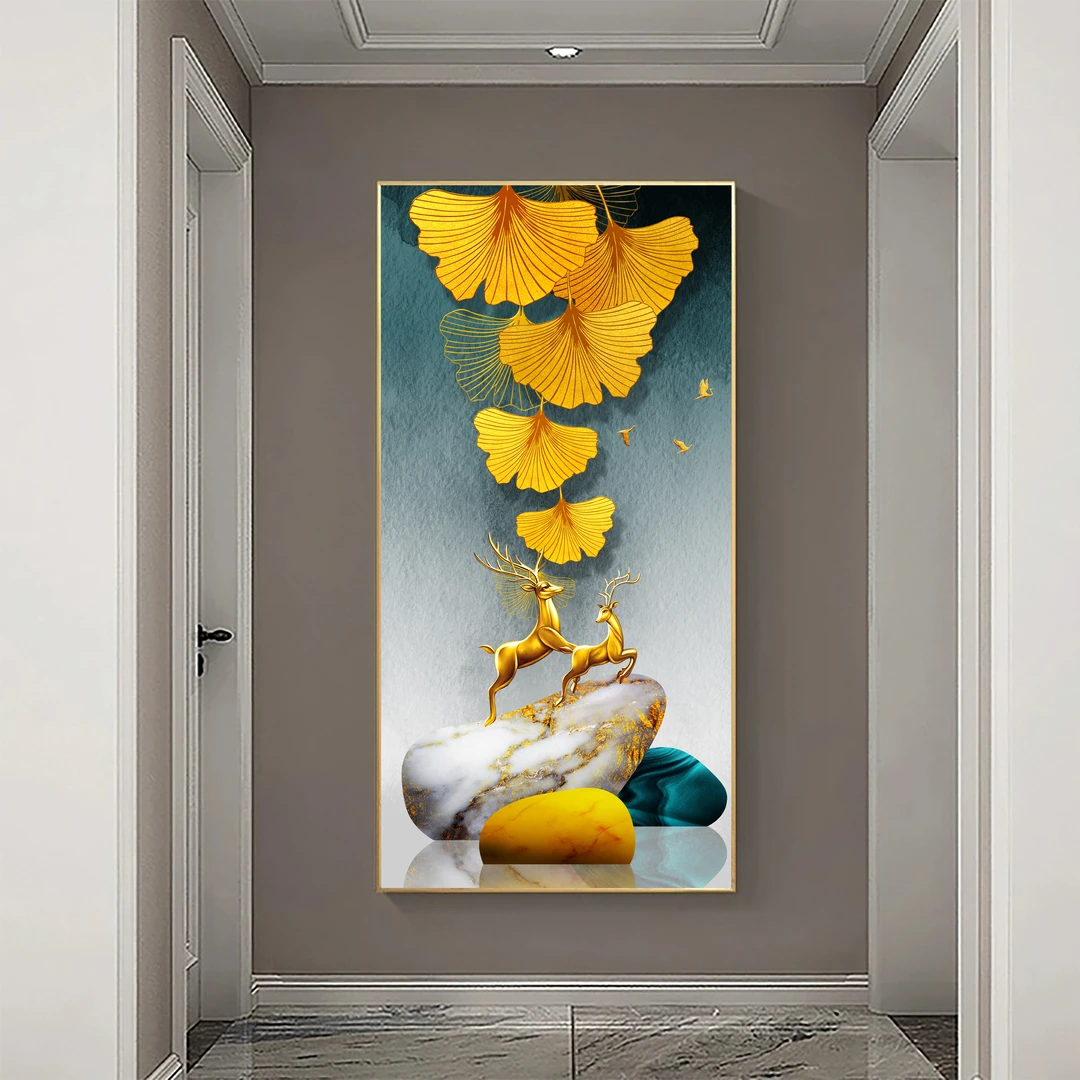 北欧福鹿入户带灯玄关装饰画现代简约走廊过道竖版挂画晶瓷镶钻画