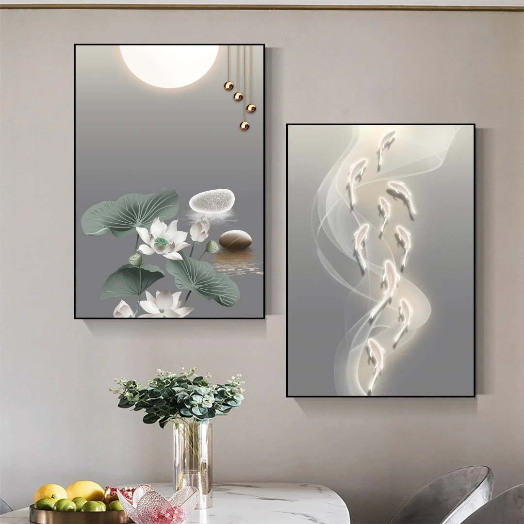 新中式九鱼图餐厅装饰画高级感轻奢两联挂画客厅卧室晶瓷镶钻壁画