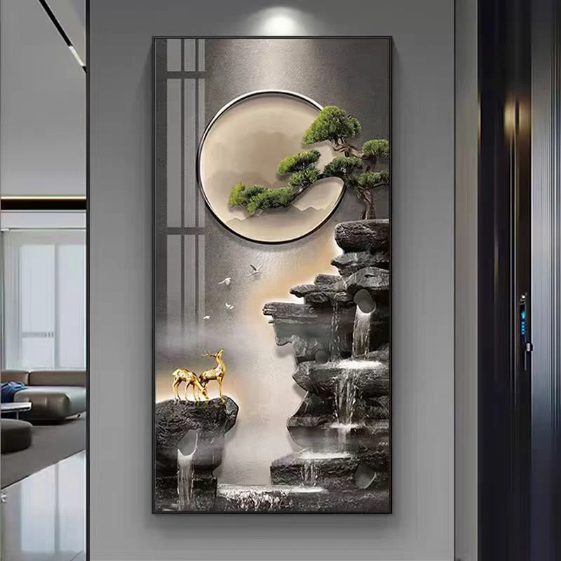 现代轻奢入户玄关立体走廊LED声控灯画高档迎客松晶瓷装饰画镶钻