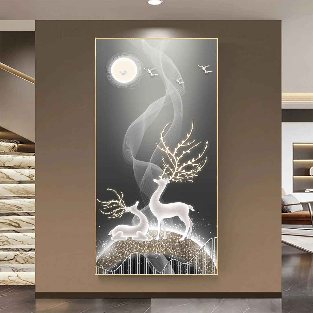 北欧星空麋鹿正对门带灯装饰画轻奢走廊过道尽头挂画晶瓷镶钻壁画