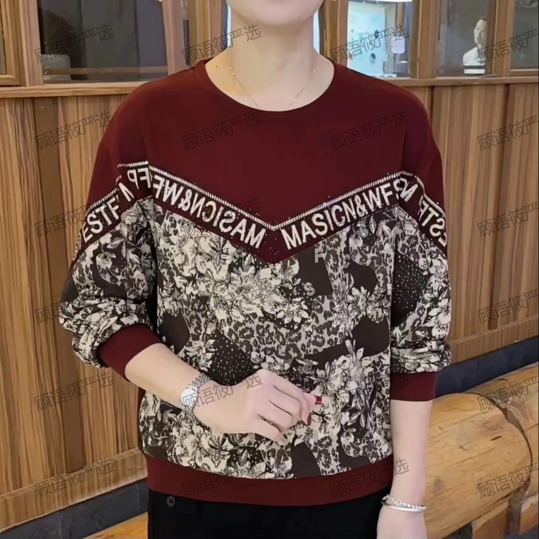 秋冬季加厚保暖拼接烫钻设计感印花洋气宽松显瘦遮肚妈妈装打底衫