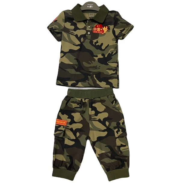 2024夏季新款儿童迷彩棉质户外休闲带领短T搭七分裤套装