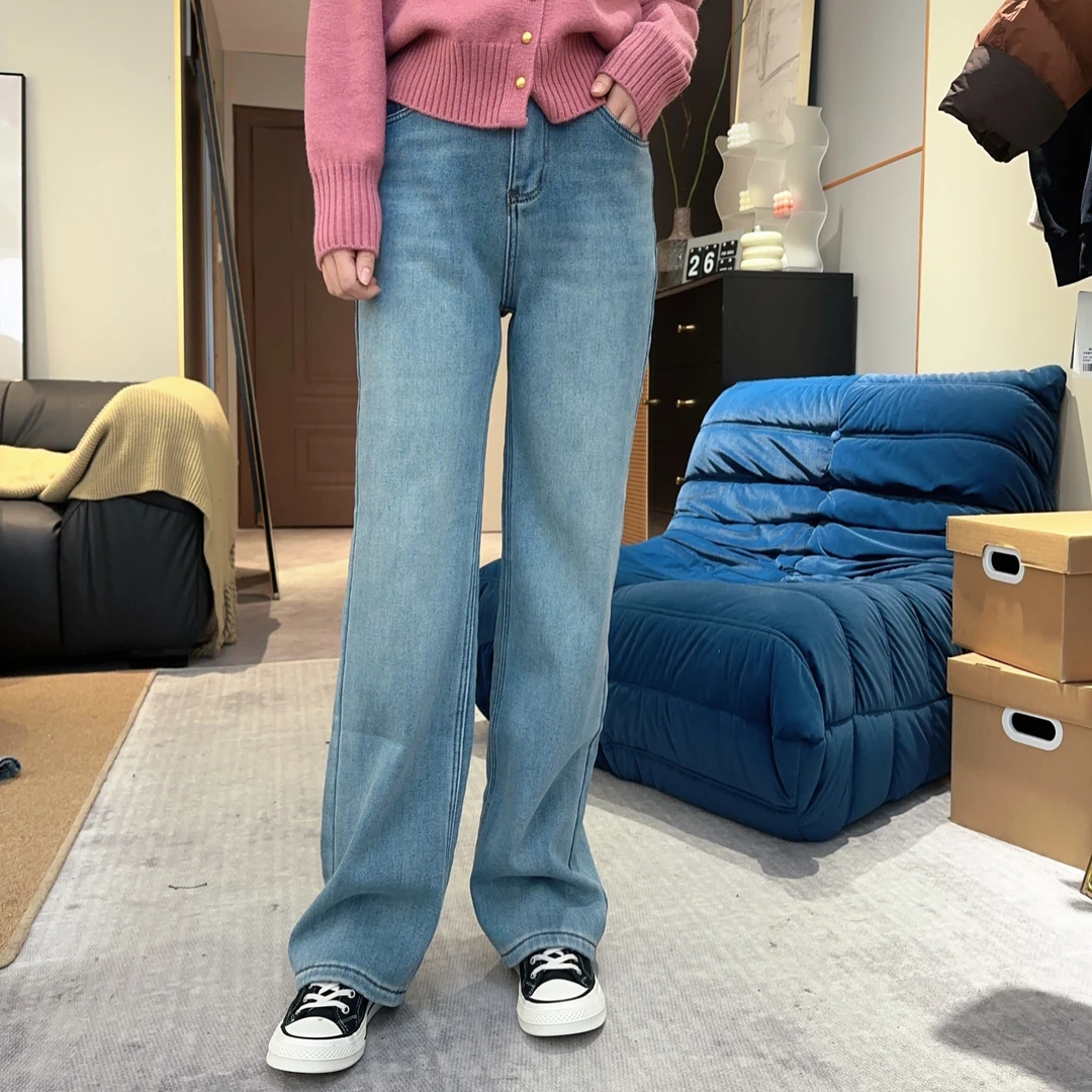 【浅蓝直筒裤】爱心厚绒窄版2024冬小个子显瘦百搭直筒牛仔裤 W020