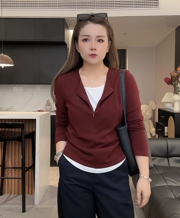 【欧加粒粒】秋季新款百搭休闲收腰显瘦半拉链假两件长袖J8510