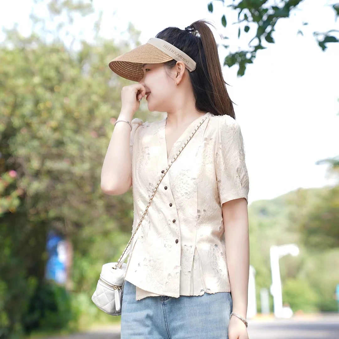 【欧加粒粒定制】夏季新款气质上衣时尚设计感斜口镂空衬衫  B8103