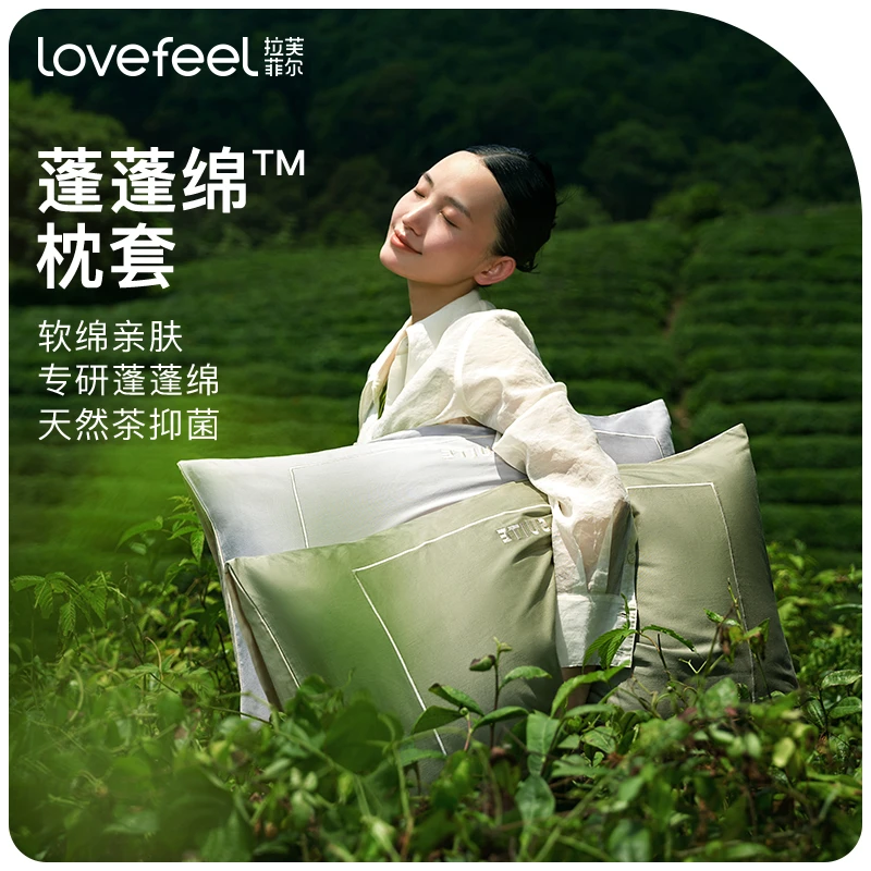 拉芙菲尔蓬蓬绵枕套纯棉单个高级刺绣茶抗菌柔软枕头套全棉一对装