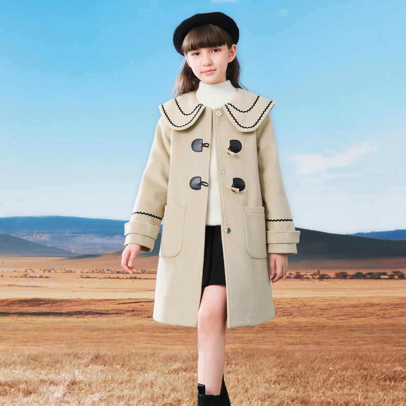 0830七彩兜兜女童呢大衣洋气毛呢加厚韩版中长款中大童女孩