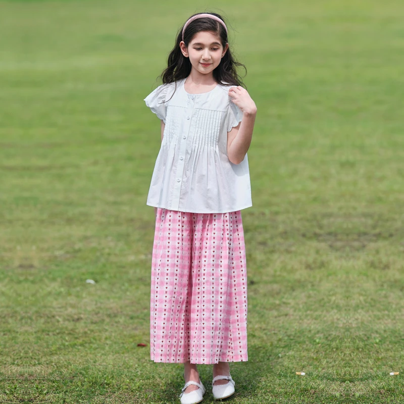 1302女童衬衫儿童短袖白衬衣6-12岁洋气时髦圆领上衣大童衬衣童装