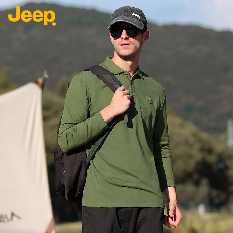 JEEP/吉普2024新款百搭长袖Polo衫男士休闲透气薄款宽松立领秋季