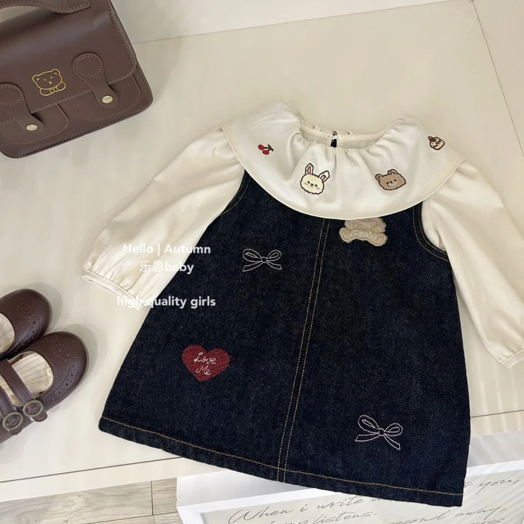 2025女童春秋冬季新款翻领衬衫+卡通小熊水洗牛仔裙洋气