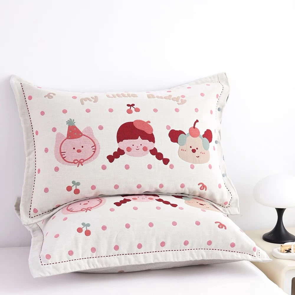 【京かわ会社】一对装全棉多层纱布枕套纯棉加厚52*78cm 樱桃女孩