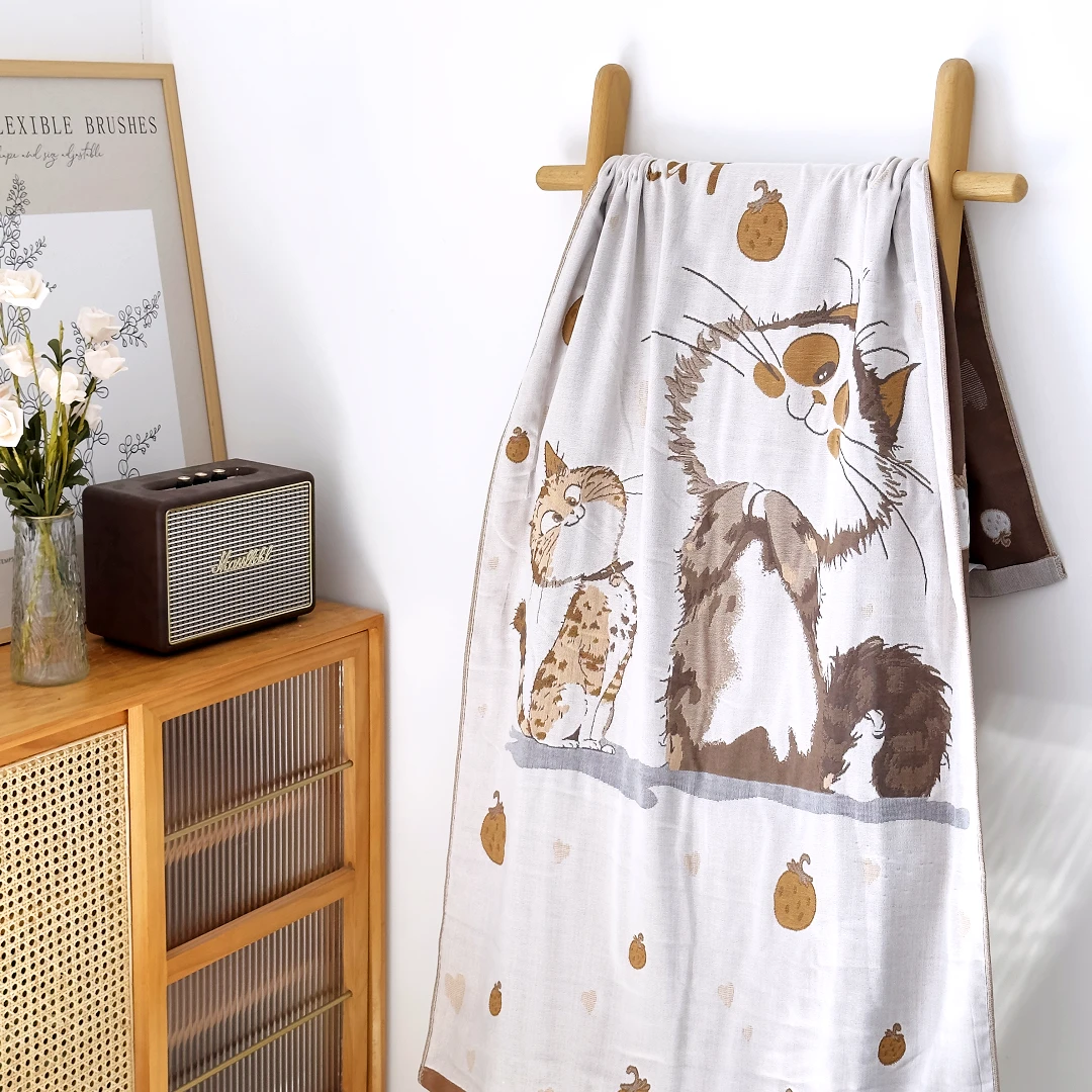 【京かわ会社】纯棉纱布大浴巾全棉沙发毯80*160cm 可爱猫