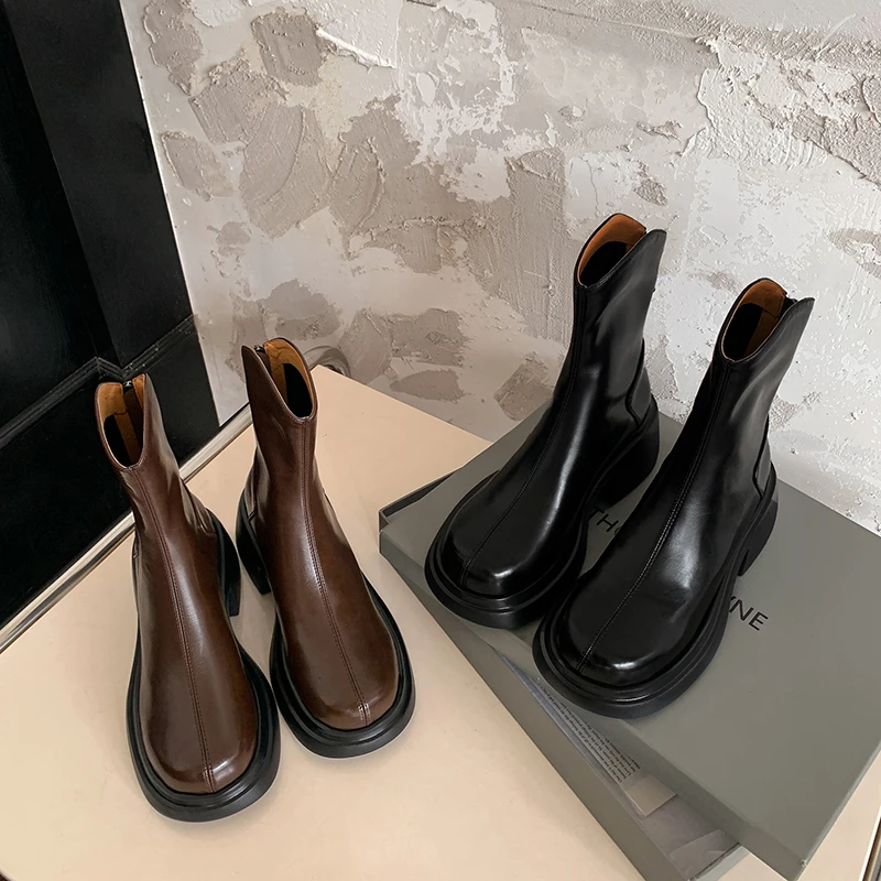 珂小珂厚底粗跟短靴女秋冬时尚圆头增高显瘦V口马丁靴弹力瘦瘦靴