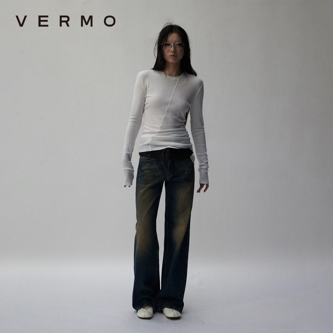 VERMO 堆叠情绪 天丝桑蚕丝混纺 解构堆褶修身轻盈长袖打底衫7727