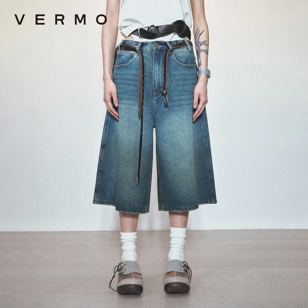 VERMO 男女同款 复古水洗做旧吊染七分牛仔裤6237