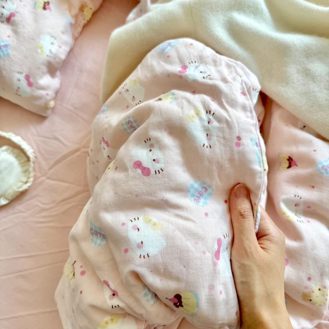 a类少女粉色猫双层纱床上四件套全棉母婴纯棉纱布被套三件套公主