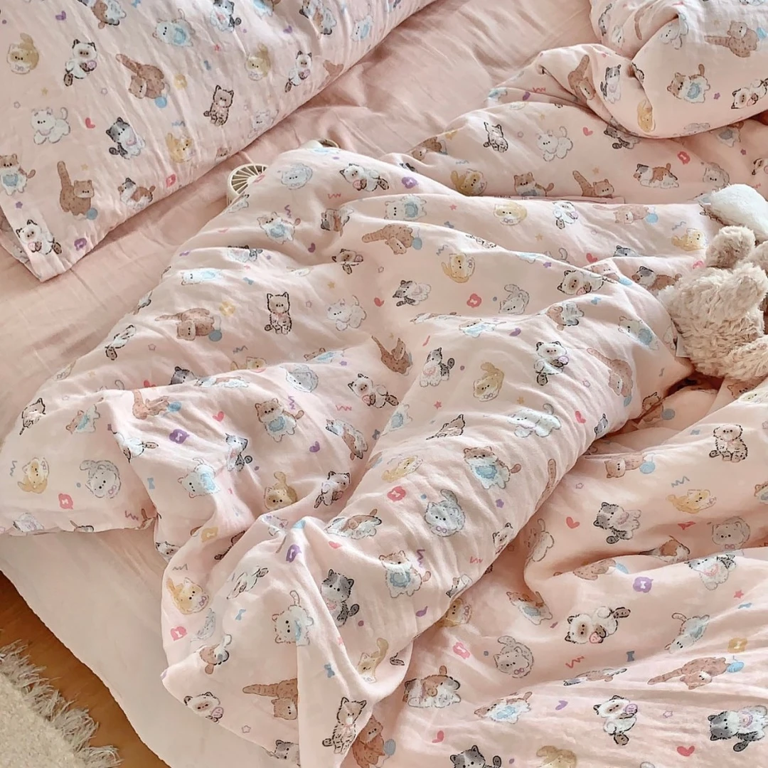 a类少女奶猫双层纱床上四件套100全棉母婴纯棉纱布被套三件套公主