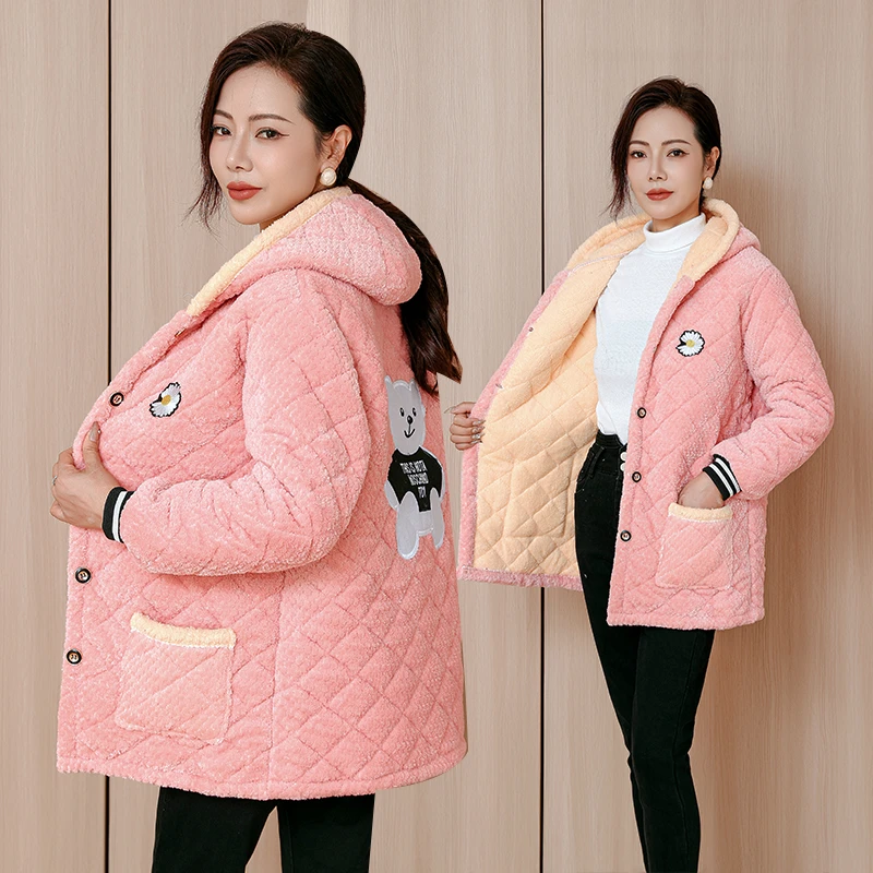 冬季加绒罩衣中长款女外穿棉袄保暖棉衣棉服显瘦加厚连帽家用外套