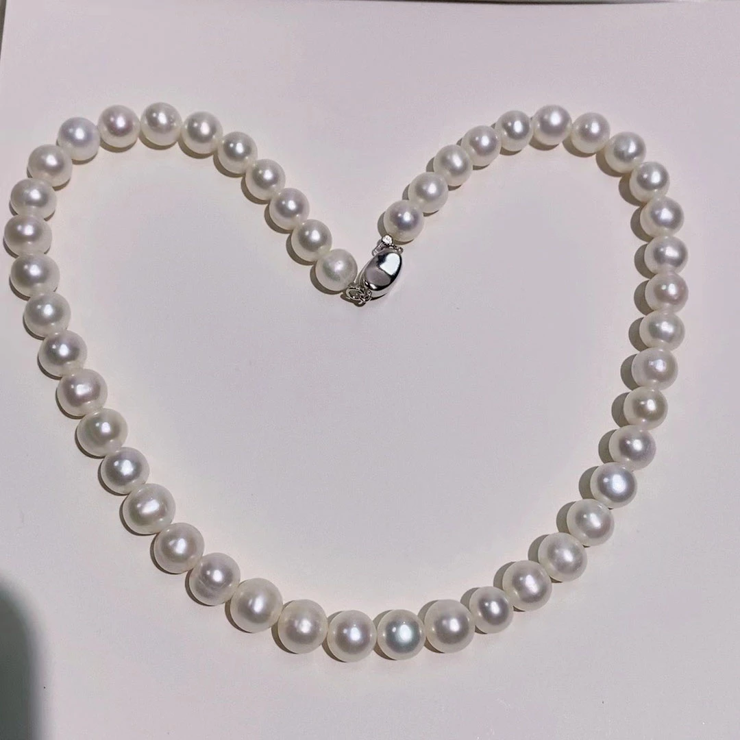 坠链均925银 经典时尚气质百搭白色近圆8-9带微瑕妈妈链颈链饰品