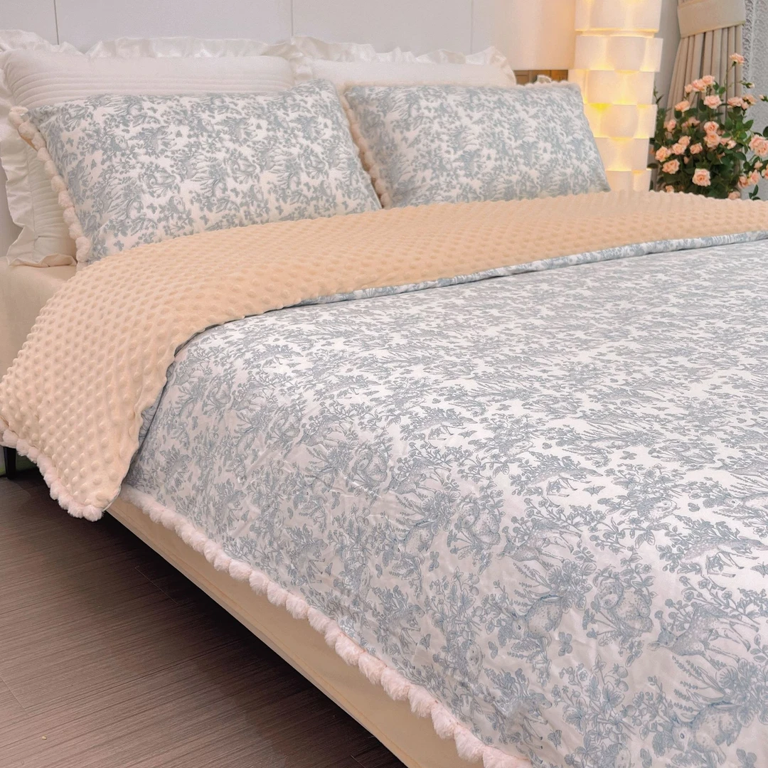 冬天被套加厚绒四件套公主风A面纯棉B面豆豆绒江苏南通家纺四件套