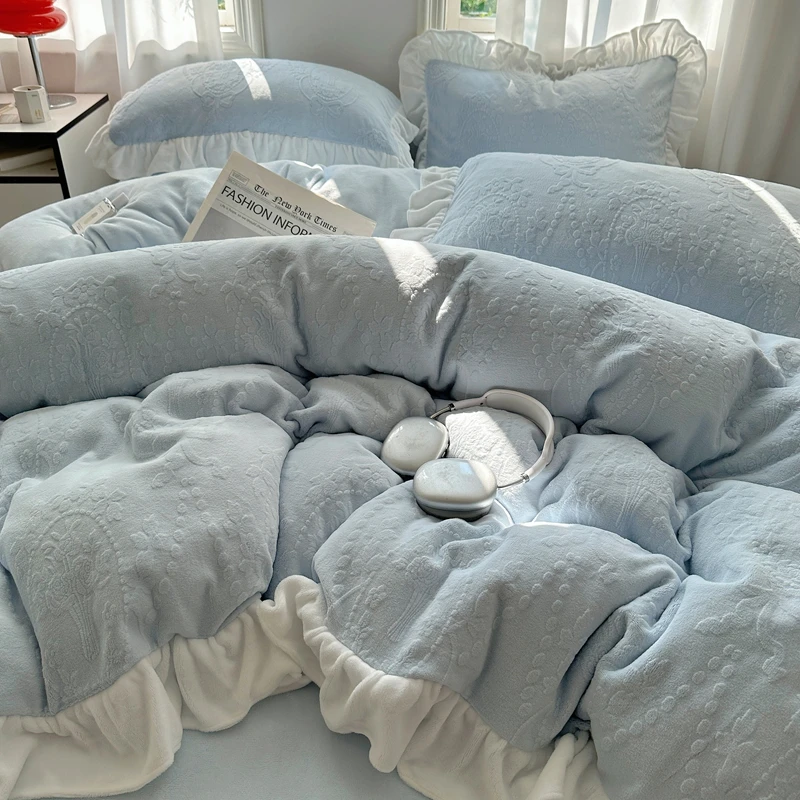 冬季加厚花边牛奶雕花绒四件套2023新款双面绒床单被套床上用品