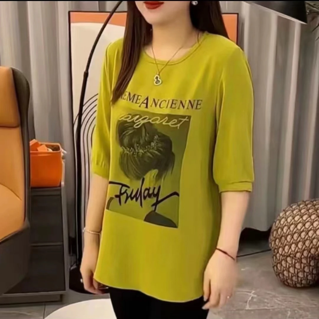 夏装短袖圆领中袖时尚T恤印花显瘦半袖大版小熊字母印花女装t恤