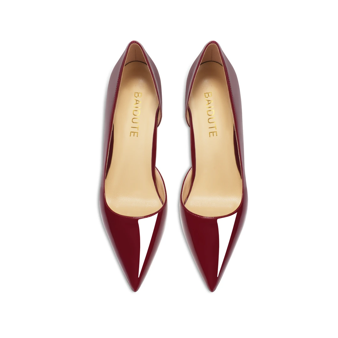 浅口高跟鞋尖头红底酒红色漆皮侧空细高跟时尚百搭性感宴会气质OL