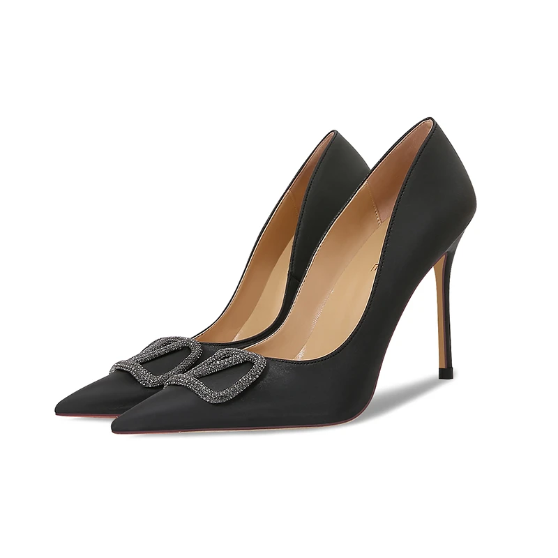 尖头高跟鞋女2024春秋新款水钻V扣装饰细跟红底浅口单鞋羊皮百搭