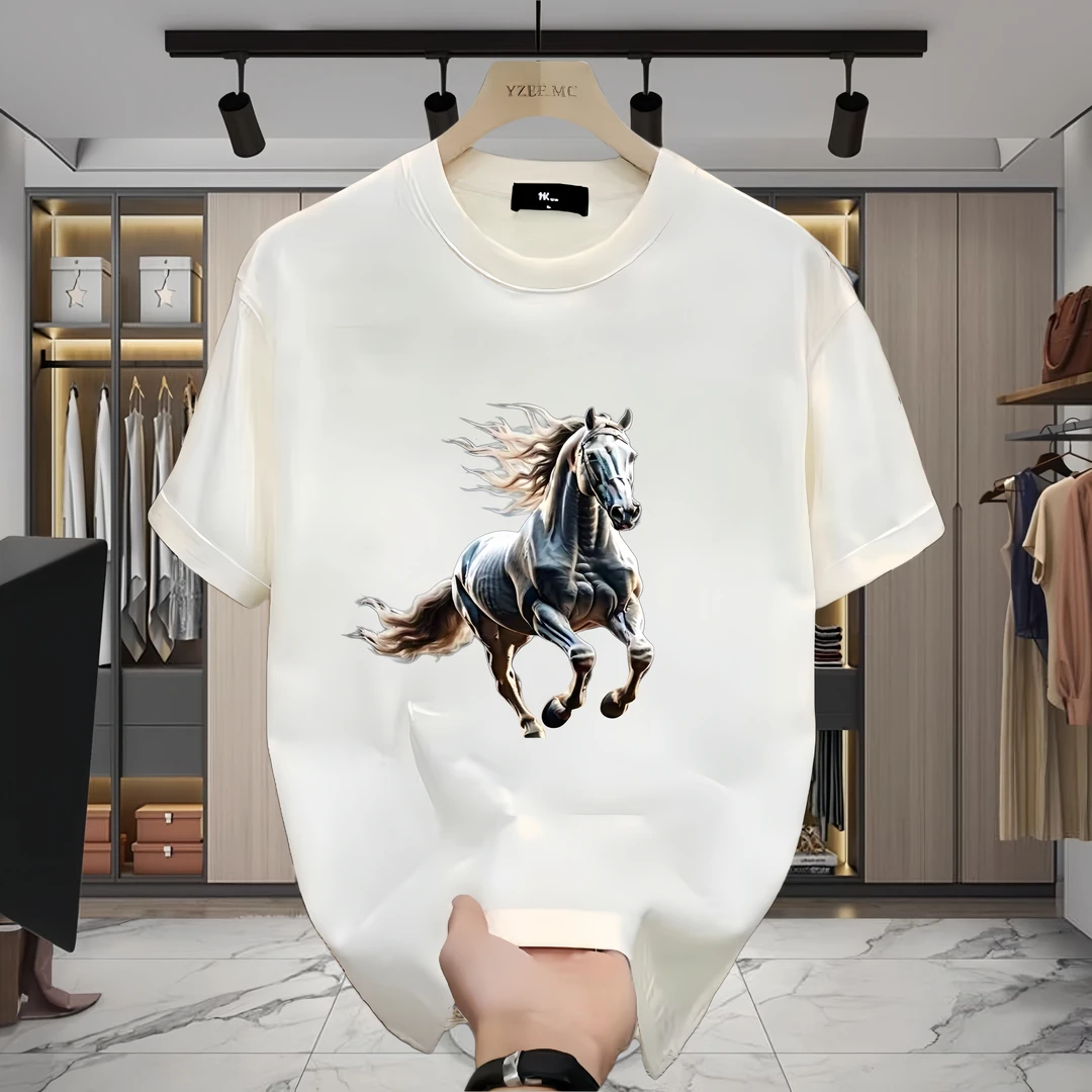 夏季新款烈马印花纯棉短袖T恤衫男士休闲百搭上衣男生