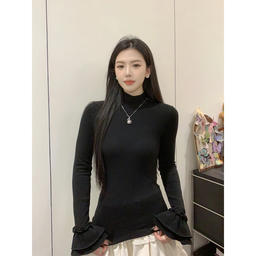 【黑色琴键】甜辣多多冬款半高领加绒加厚双层喇叭袖修身针织上衣女