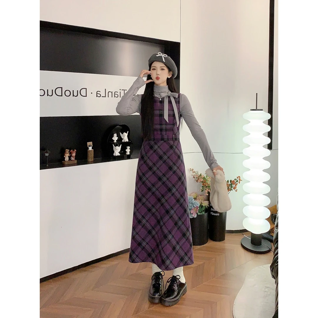 【曼塔情书】多多2024秋冬新款圆领减龄无袖显瘦毛呢格子连衣裙女