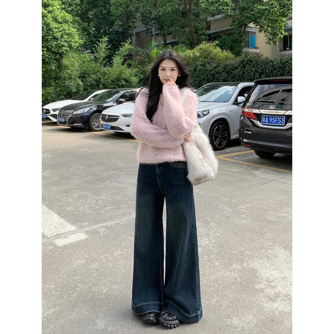 【摩登168】多多2024秋冬新款阔腿高腰裤加绒复古微弹宽松牛仔裤女