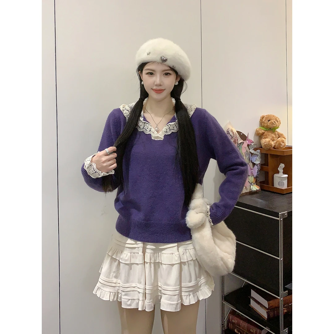 【舒适圈】甜辣多多2024冬季新款设计感蕾丝帽子拼接长袖针织毛衣女