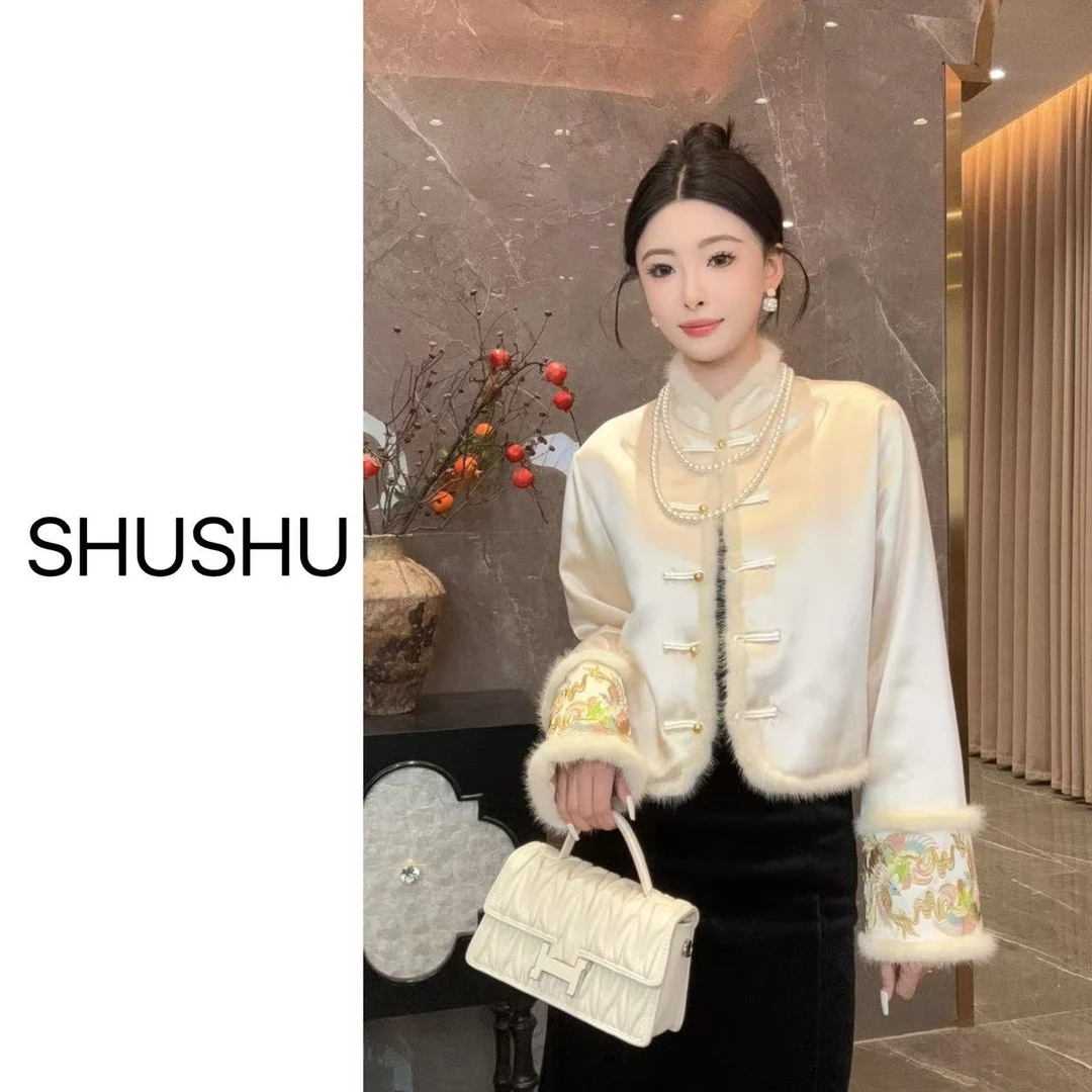 现货【玉锦】新中式水貂毛刺绣网红中国风立领冬季保暖棉服