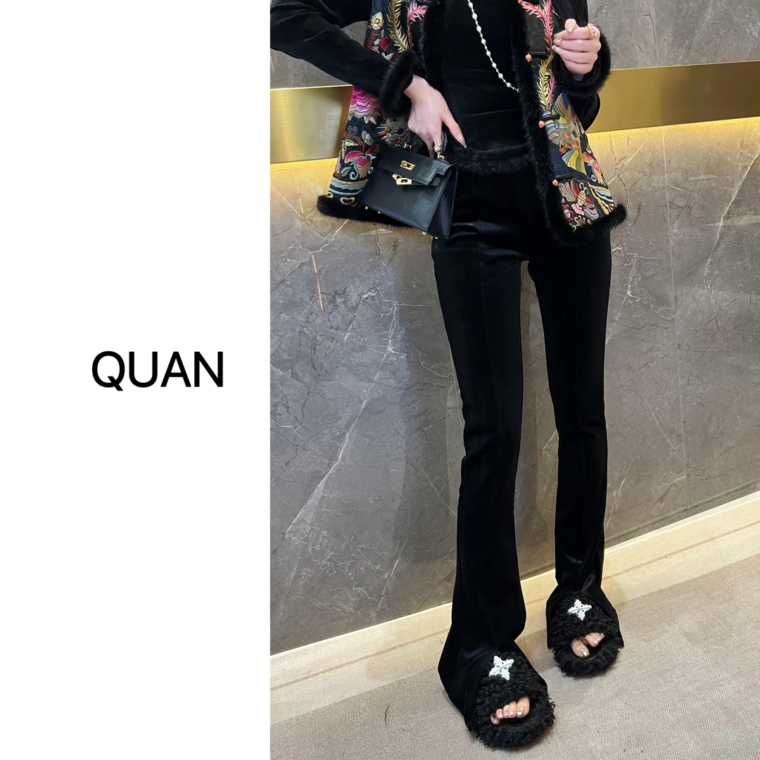 新款光版厚丝绒休闲百搭修身显瘦高腰加厚秋冬休闲喇叭裤