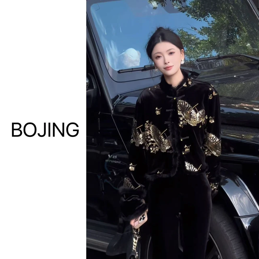 现货【小金伞】新中式显瘦气质网红时尚黑色重工外套上衣