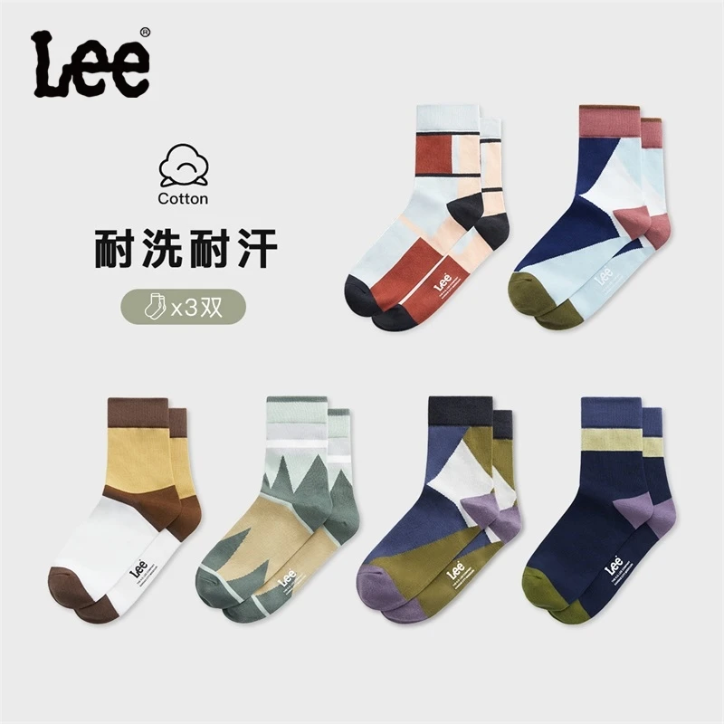 Lee品牌官方夏季拼接袜子男透气中筒袜百搭时尚潮袜三条2023新款