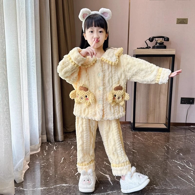 2024冬季布丁狗珊瑚绒女童睡衣洋气法兰绒甜美可爱女孩开衫家居服